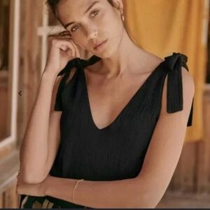 Sezane Gisele Black Gauze Cotton Tank Shoulder Tie